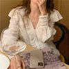 Real photo of embroidered lace spliced ​​long-sleeved shirt for women in spring and summer loose puff sleeve shirt
