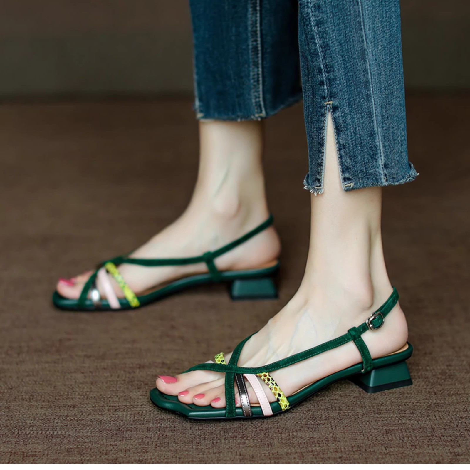 Soft leather version soft leather hand-woven color-blocking fish mouth sandals for women French retro summer low heel thick heel