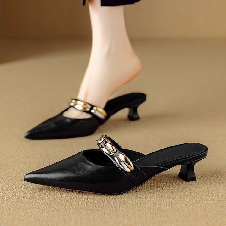 French temperament with skirt, bag-toe half slippers for women, soft leather mid-heeled sandals pointed toe high heels