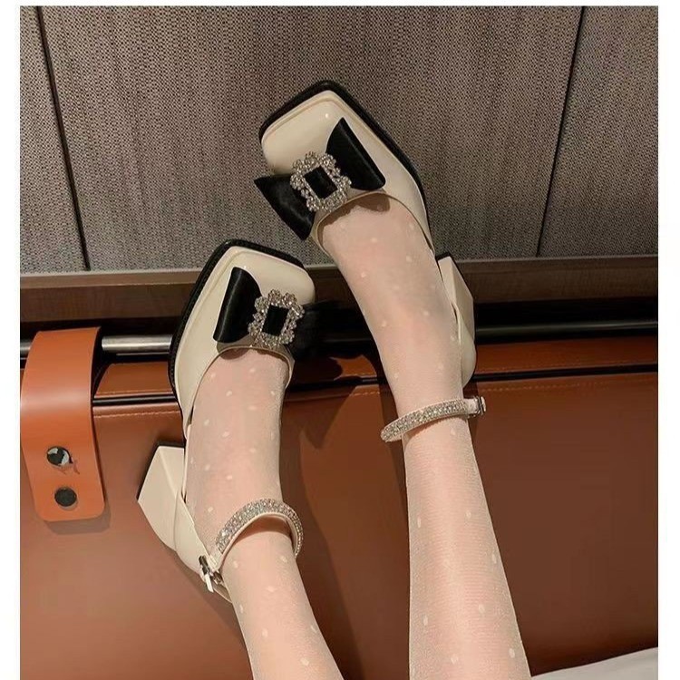 Baotou thick heel sandals for women summer bag bow high heel shoes rhinestone square buckle one-liner square buckle square toe Marie Zhen shoes