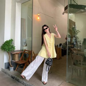 Real photos of Korean style, loose slim collar shirt, casual and versatile lace wide-leg pants suit for women