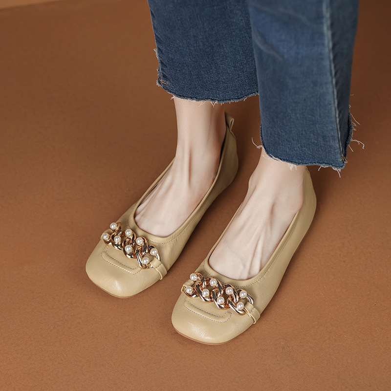 Women's shoes temperament French metal buckle shallow mouth flat grandma shoes simple soft leather single shoes for women