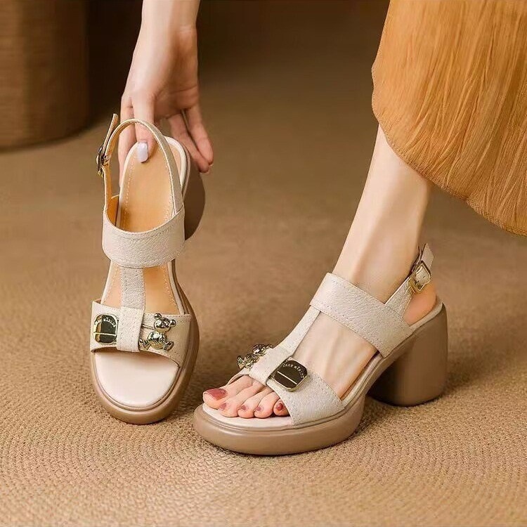 Thick heel sandals for women in summer soft leather high heels casual simple thick sole small height-enhancing shoes