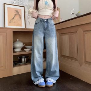 Real-life American retro lace splicing design wide-leg jeans for women with high waist slim floor trousers